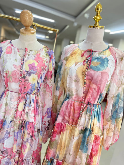 Multi Button Down Floral Waist Tie Long Maxi Dress